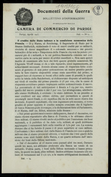 Documenti della guerra : bollettino d'informazioni pubblicato dalla Camera di commercio di Parigi